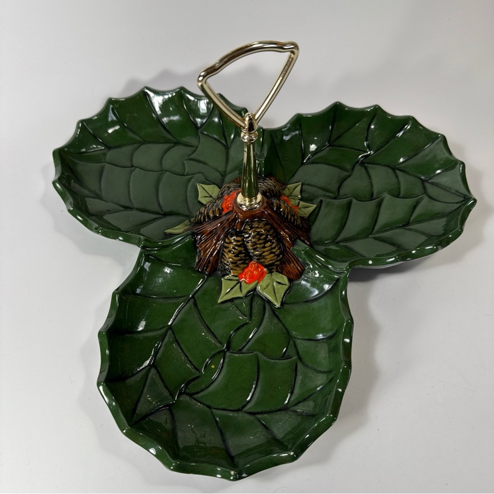 Holly Leaf Design Green Serveware Tray 3 compartment holiday Christmas dish - Picture 3 of 11